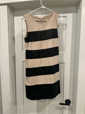 Freeway Beige and Black Striped Sleeveless Shift Dress